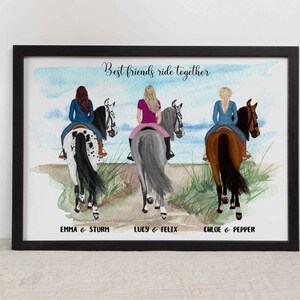 May include: A watercolor painting of three friends riding horses. The friends are wearing colorful clothing and riding different colored horses. The text "Best friends ride together" is at the top of the painting. The names of the friends and horses are written below the horses.