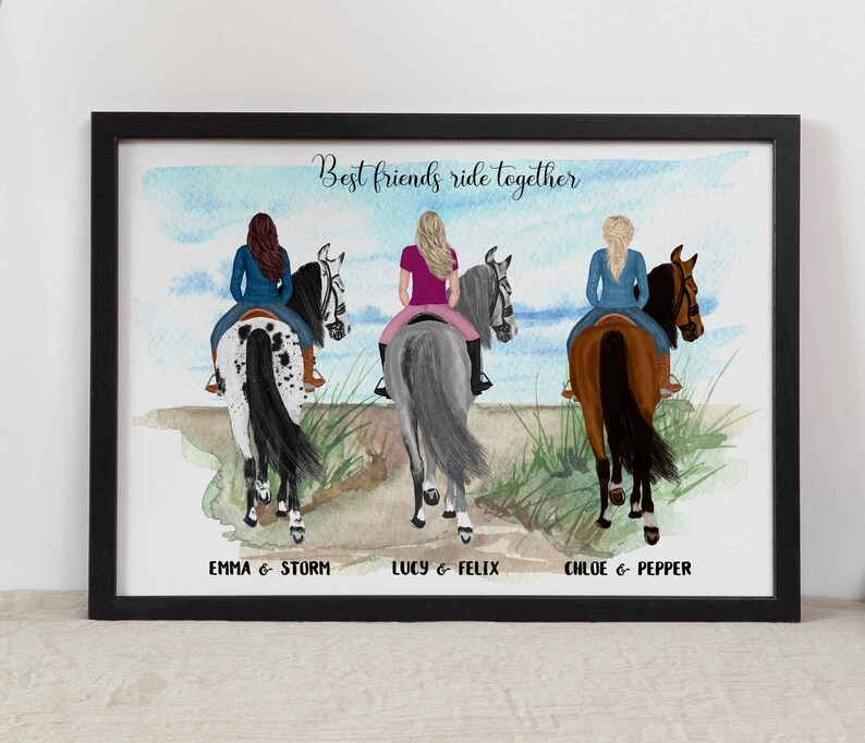 May include: A watercolor painting of three friends riding horses. The friends are wearing colorful clothing and riding different colored horses. The text "Best friends ride together" is at the top of the painting. The names of the friends and horses are written below the horses.