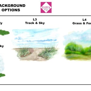 May include: Four watercolor illustrations showing different background options for a product. The first option is a green grassy field. The second option is a blue sky with green grass. The third option is a blue sky with a dirt path and green grass. The fourth option is a blue sky with green grass and trees.