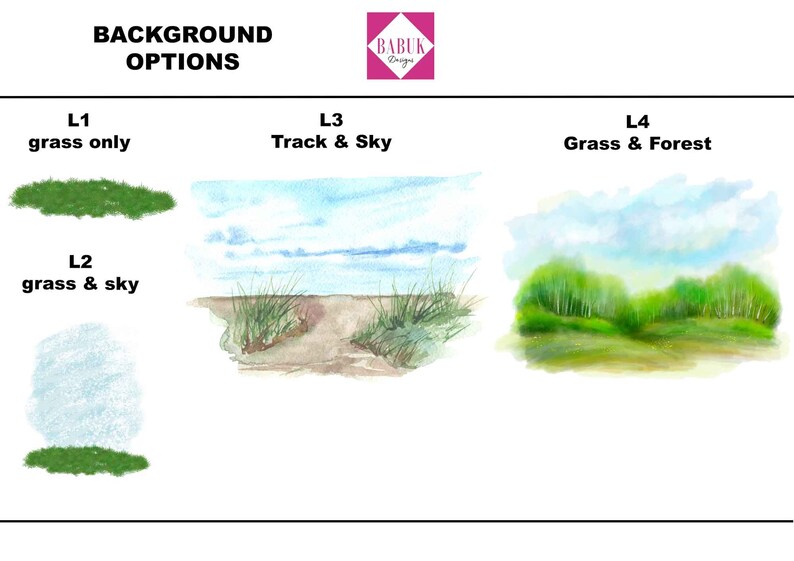 May include: Four watercolor illustrations showing different background options for a product. The first option is a green grassy field. The second option is a blue sky with green grass. The third option is a blue sky with a dirt path and green grass. The fourth option is a blue sky with green grass and trees.