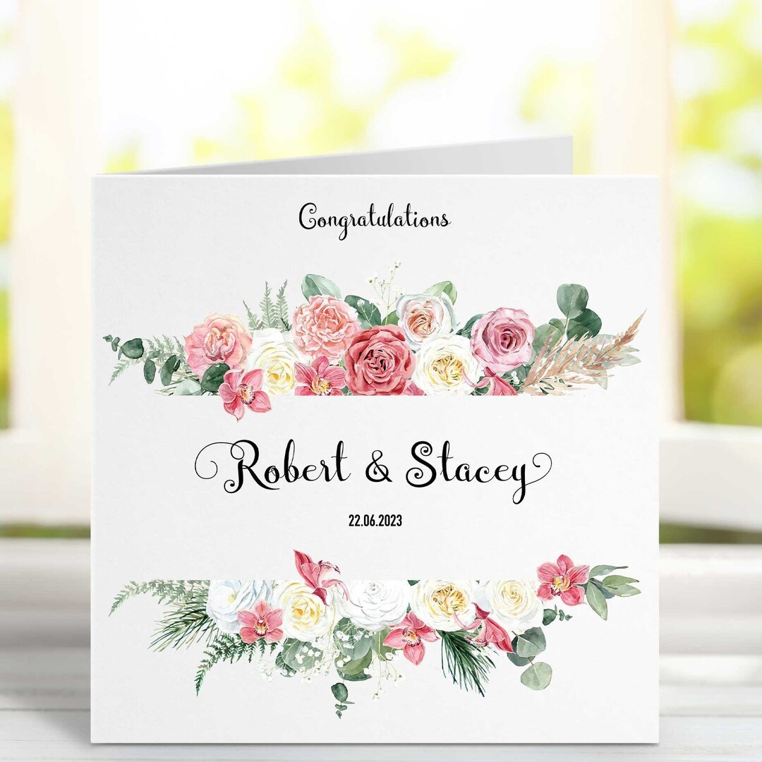Personalised Floral Wedding Card Vintage Roses, Bride and Groom Card ...