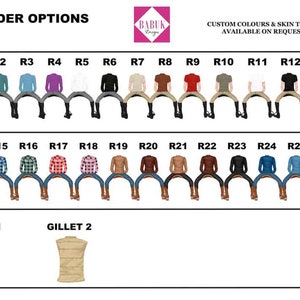 May include: A chart of 26 different rider options for a custom horse illustration. The options include different shirts, pants, and boots. The chart also includes two different gillet options.