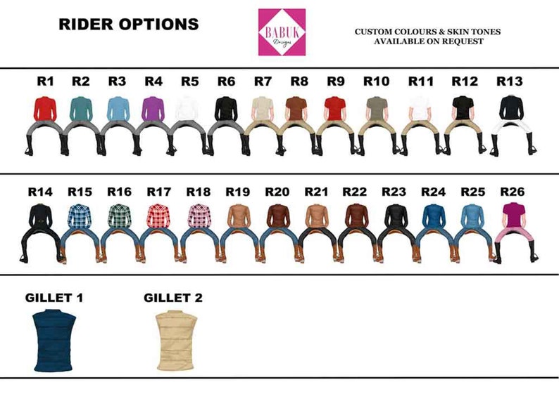 May include: A chart of 26 different rider options for a custom horse illustration. The options include different shirts, pants, and boots. The chart also includes two different gillet options.