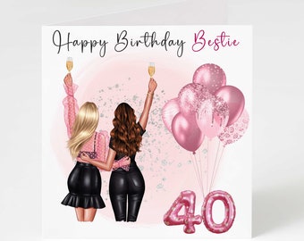 Puede incluir: Una tarjeta de cumpleaños con dos mujeres con vestidos negros levantando una copa de champán. La tarjeta tiene un fondo rosa con purpurina plateada y globos rosas con el número 40 en rosa. El texto "Happy Birthday Bestie" está escrito en rosa.