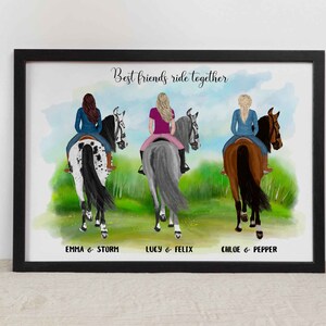 May include: A watercolor painting of three friends riding horses. The friends are wearing colorful clothing and the horses are different colors. The text "Best friends ride together" is at the top of the painting.
