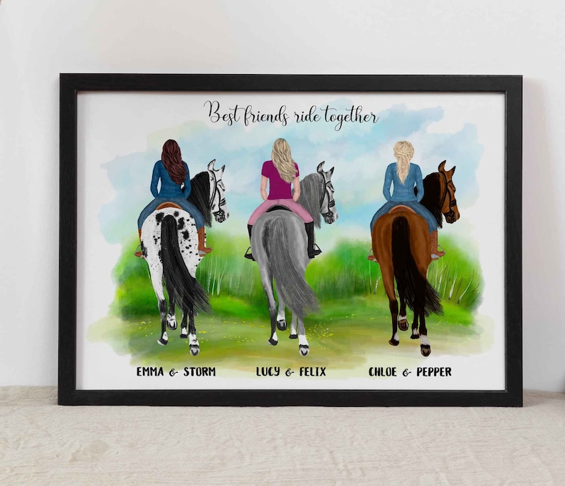 May include: A watercolor painting of three friends riding horses. The friends are wearing colorful clothing and the horses are different colors. The text "Best friends ride together" is at the top of the painting.