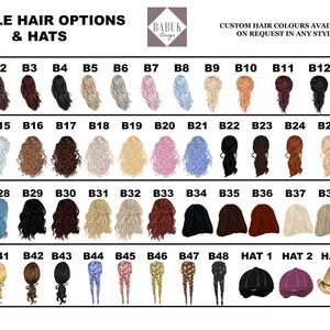 May include: A chart of 48 different hair styles and 4 hat options for customizing a digital avatar. The hair styles are labeled B1 through B48 and the hats are labeled HAT 1 through HAT 4.
