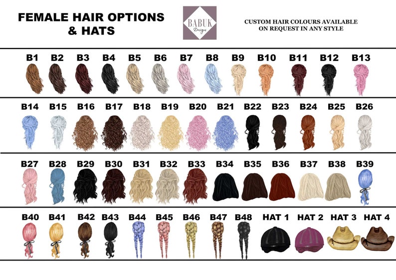 May include: A chart of 48 different hair styles and 4 hat options for customizing a digital avatar. The hair styles are labeled B1 through B48 and the hats are labeled HAT 1 through HAT 4.