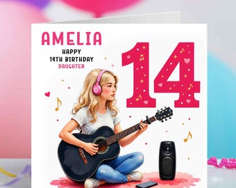 Personalised 14th Birthday Card for Girl, Guitar Girl Birthday Card, Music Lover Card, Daughter Granddaughter Niece, Name & Hair Colour