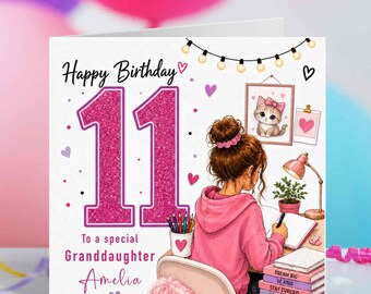 Personalised 11th Birthday Card for Girl | Daughter, Granddaughter or Niece | Creative Book Lover Birthday Card, Hair colour options
