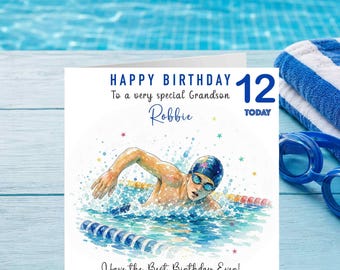 Personalised Competitive Swimming Birthday Card for Boy, Son Grandson Swimmer Card, Any Age Name Watercolour Sports Design for Boys