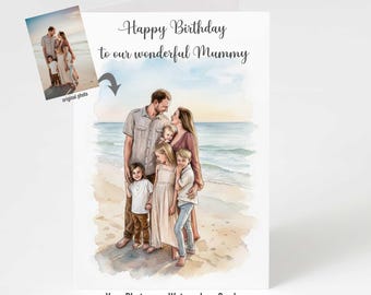 Birthday Card for Mummy, Personalised Photo Mum Birthday Card, Custom Family Portrait Card, Watercolour Style Mum Birthday Gift