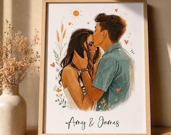 Personalised Couple Portrait From Photo, Quirky Folk Art Illustration Print, Anniversary or Wedding Gift