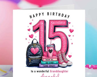 Personalised 15th Birthday Card for Girl - Daughter Granddaughter Niece Sister | Happy 15th Birthday Girl | Pink Age 15 Birthday Keepsake