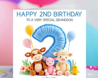 Personalised 2nd Birthday Card for Boy, Farm Animal Birthday Card, Son Grandson 2nd Birthday, Cute Farmyard Animals Age 2 Card