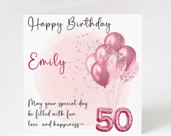 May include: Pink birthday card with the text "Happy Birthday Emily" and a pink number 50 balloon. The card also features a pink watercolor background with silver glitter and pink balloons.