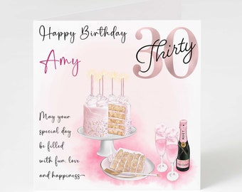30th Birthday Card Personalised Daughter Granddaughter Sister Niece Cousin Goddaughter Champagne and Cake 30th Birthday Card