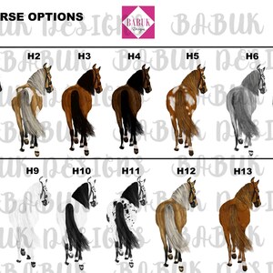 May include: A collection of 13 different horse illustrations, each with a unique coat pattern and color. The horses are facing away from the viewer, with their tails raised. The illustrations are labeled with the letters H1 through H13.