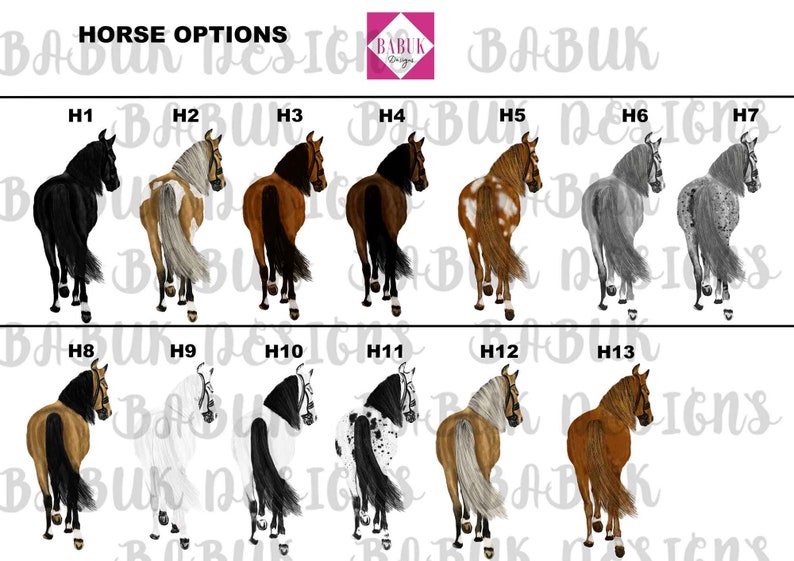 May include: A collection of 13 different horse illustrations, each with a unique coat pattern and color. The horses are facing away from the viewer, with their tails raised. The illustrations are labeled with the letters H1 through H13.