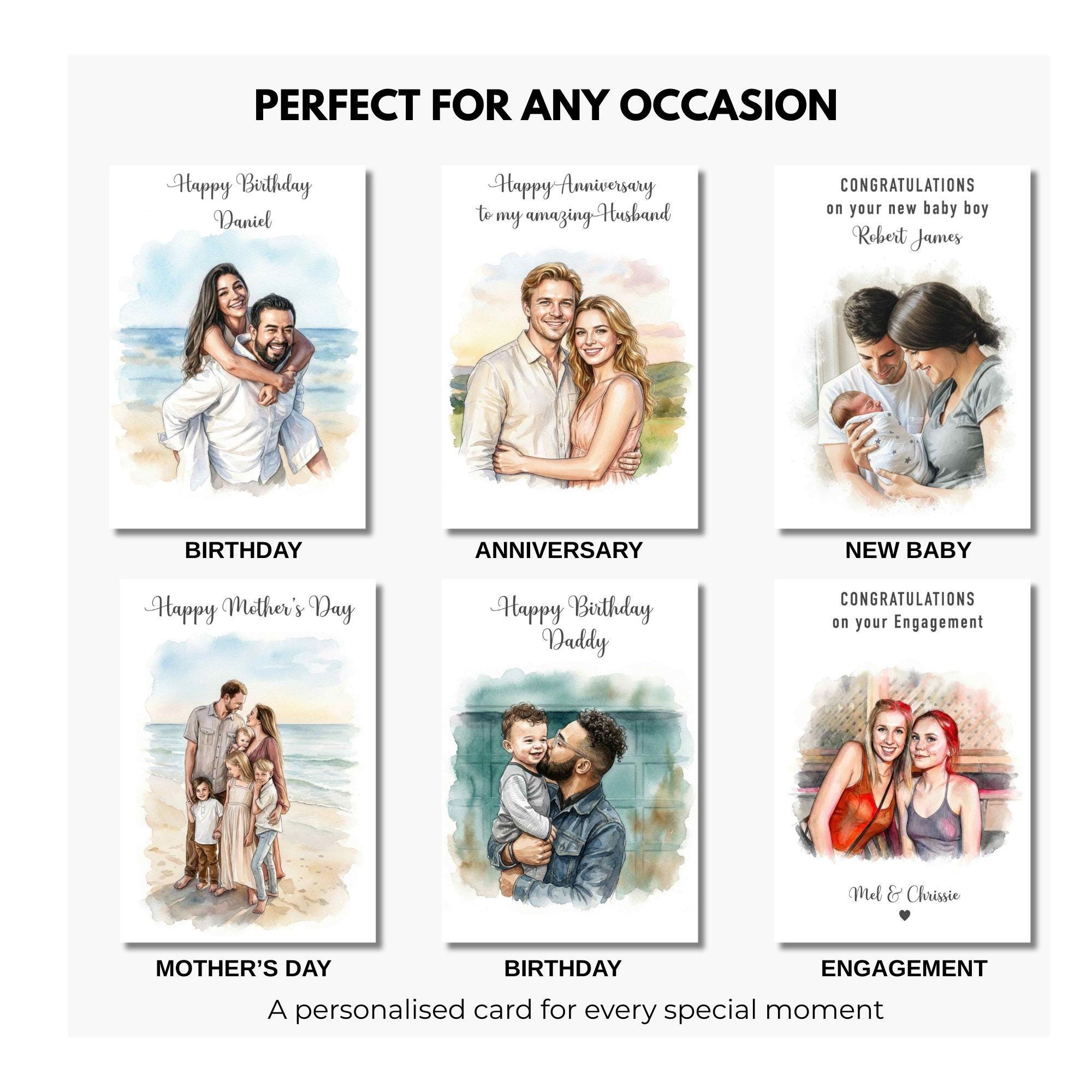 Custom Photo Card, Personalised Watercolour Style Portrait Card, Turn ...