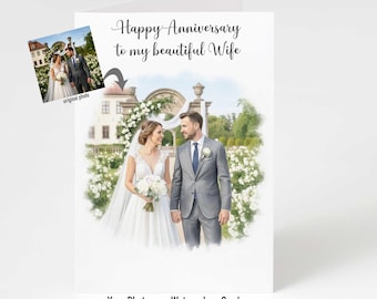 Anniversary Card for Wife, Personalised Photo Anniversary Card, Custom Couple Portrait Card, Watercolour Style Wife Anniversary Gift