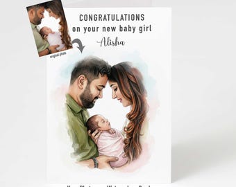 Personalised Baby Girl Card, Photo New Baby Girl Card, Watercolour Style Baby Portrait Card, Baby Girl Congratulations Card, Newborn Baby
