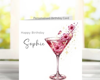 Personalised Birthday Card for Her, Name Birthday Card, Pink Cocktail Card, Friend Birthday Card, Girlfriend Sister Card, Floral Drink Card