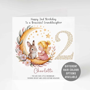2nd Birthday Card Granddaughter, Second Birthday Card Girl, Personalised Cute Rabbit Big Number 2 Card Fairy Girl Daughter, Niece