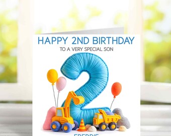 Personalised 2nd Birthday Card for Boy, Digger Birthday Card, Construction Birthday Card, Son Grandson Age 2 Card