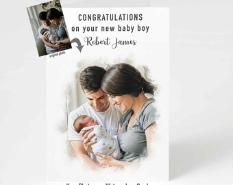 Personalised Baby Boy Card, Custom Photo Baby Congratulations Card, Watercolour Style Baby Portrait Card, New Baby Boy Card, New Baby Gift