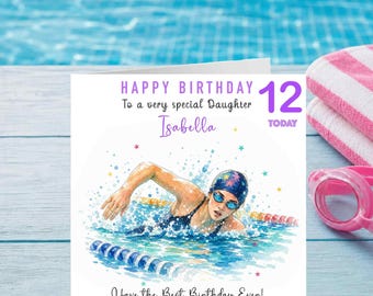Personalised Competitive Swimming Birthday Card for Girl, Daughter Granddaughter Swimmer Card, Any Age Name Watercolour Sports Design