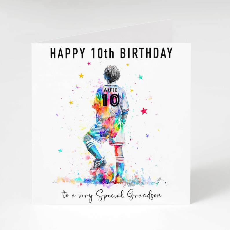 May include: A birthday card with a watercolor illustration of a soccer player in a colorful uniform, standing on a soccer ball. The card reads "HAPPY 10TH BIRTHDAY" and "to a very Special Grandson".