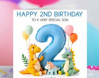 Personalised 2nd Birthday Card for Boy, Dinosaur Birthday Card, Son Grandson Age 2 Card, Cute Dinosaur 2nd Birthday Card