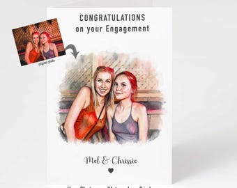 Personalised Engagement Card, Custom Photo Couple Card, Engagement Congratulations Card, Watercolour Style Portrait Card, Engagement Gift