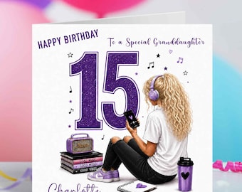 Personalised 15th Birthday Card for Girl | Granddaughter 15th Birthday Card | Music Lover Teen Girl Card | Name & Hair Colour