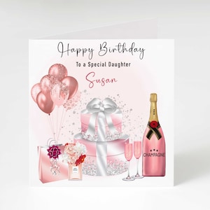 Champagne birthday card, Personalised pretty pink champagne glasses card Daughter Granddaughter Sister Niece Cousin Goddaughter