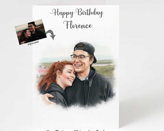Personalised Birthday Card for Her, Custom Photo Birthday Card, Watercolour Style Portrait Card, Birthday Gift for Wife Girlfriend Friend