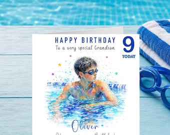 Personalised Swimming Birthday Card for Boy, Any Age, Son Grandson Nephew, Swimmer Card, Name Watercolour Sports Design for Boys