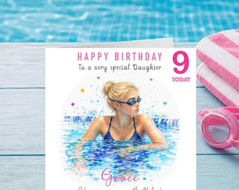Personalised Swimming Birthday Card for Girl, Any Age Daughter Granddaughter, Swimmer Card, Custom Name CardName Watercolour Sports Design