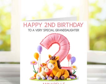 Personalised 2nd Birthday Card for Girl, Pony Birthday Card, Horse Birthday Card, Daughter Granddaughter Age 2 Card