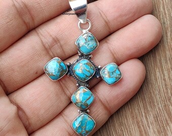 Pendentif Croix En Argent Massif 925 Avec Turquoise Naturelle Et Diamants - Taille 42x65mm - Neuf Sans Boîte