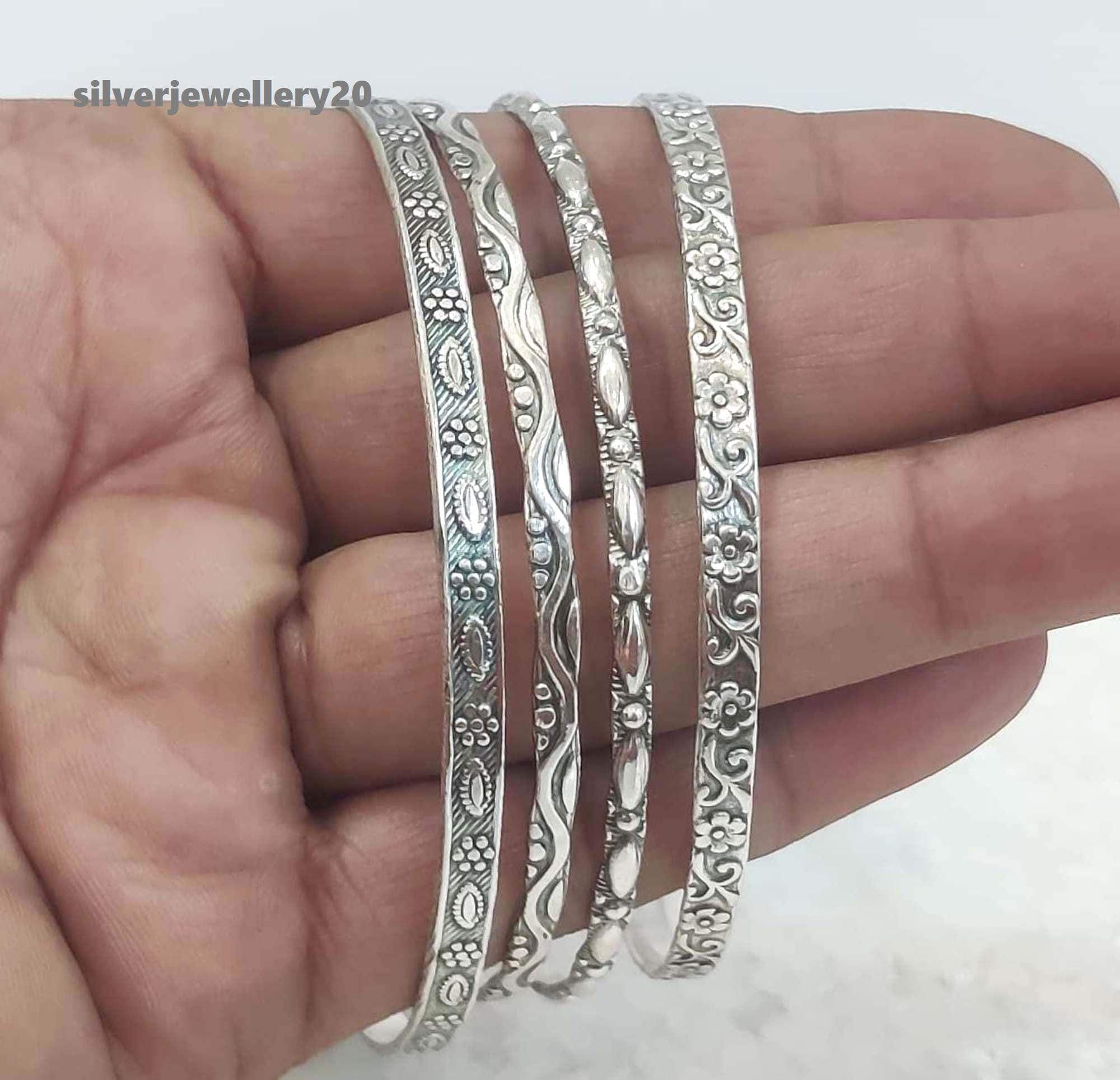 Handmade Sterling Silver Bangle Set, Stackable Floral Jewelry - Etsy