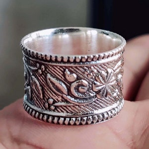 Wide Sterling Silver Band Ring, Floral Statement Jewelry