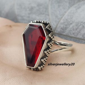 Handmade Garnet Coffin Ring, Solid Sterling Silver, Boho Jewelry