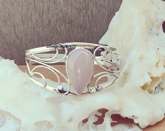 Rose Quartz Bangle, Handmade Bangle, 925 Silver Bangle, Rose Quartz Jewelry, Women Bangle,Natural Rose Quartz,Boho Bangle, Adjustable ***