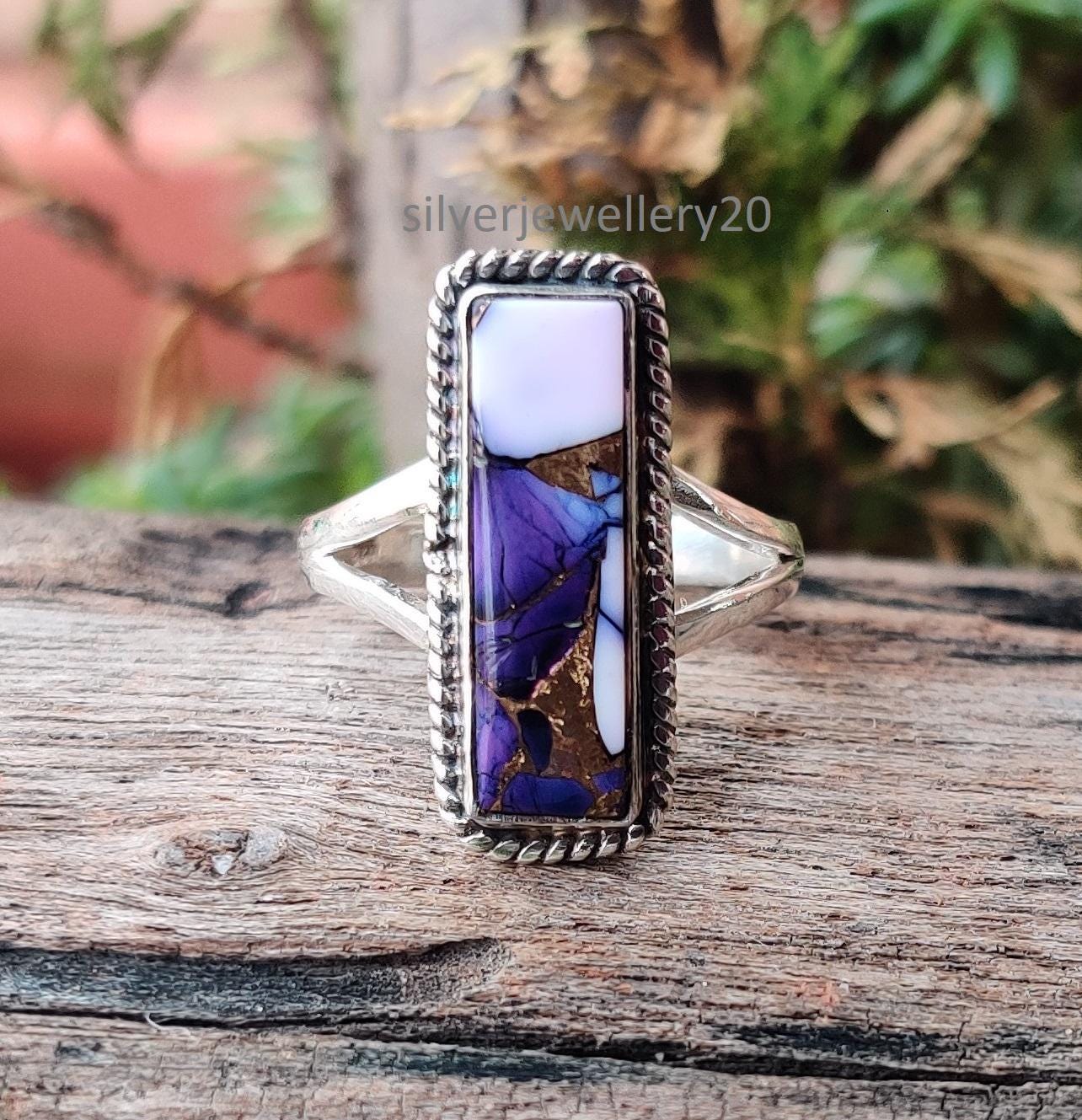Purple Dahlia Turquoise Gemstone Ring, 925 Sterling Silver