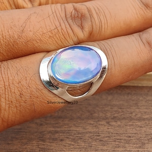 Handgemachte Aurora Opal Sterling Silber Ring, Oval Edelstein