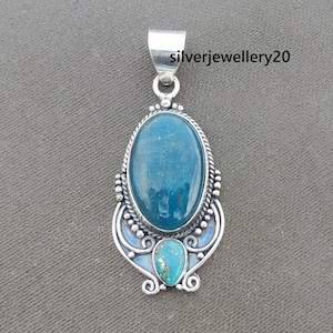 Natural Apatite and blue copper turquoise Pendant, 925 Sterling Silver Pendant, Blue Apatite Pendant, Neon Apatite Pendant, Lovely Pendant,