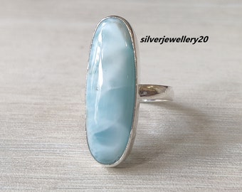 Larimar Ring, 925 Sterling Silver, Long Oval Ring, Silver Ring, Women Ring, Boho Ring, Big Stone Ring, Wedding Ring, Larimar Jewelry.