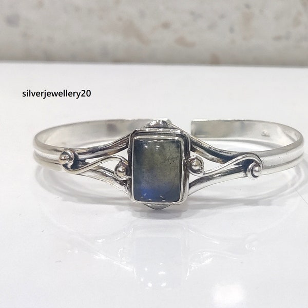 Labradorite Bangle, Solid 925 Sterling Silver Oval Stacking Bangle Adjustable Open Cuff Boho Bangle Ladies Bangle  wonderful Gift Jewelry